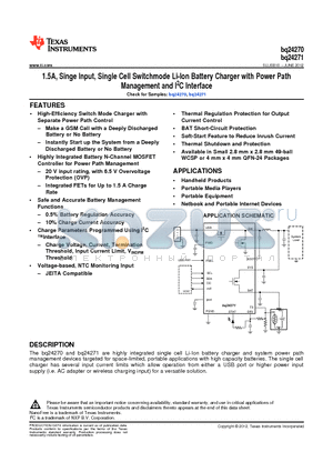 BQ24270RGET datasheet - 1.5A, Singe Input, Single Cell Switchmode Li-Ion Battery Charger with Power Path