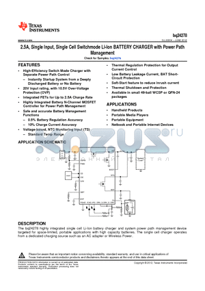 BQ24278 datasheet - 2.5A, Single Input, Single Cell Switchmode Li-Ion BATTERY CHARGER with Power Path Management