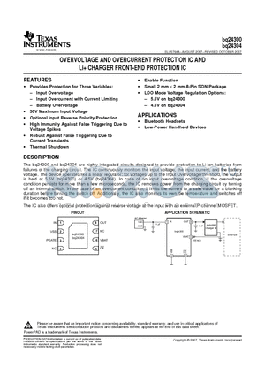 BQ24300DSGR datasheet - OVERVOLTAGE AND OVERCURRENT PROTECTION IC AND Li CHARGER FRONT-END PROTECTION IC