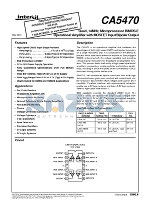 CA5470 datasheet - Quad, 14MHz, Microprocessor BiMOS-E Operational Amplifier with MOSFET Input/Bipolar Output