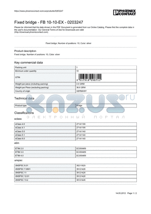 0203247 datasheet - Fixed bridge - FB 10-10-EX - 0203247