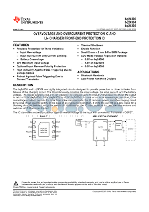 BQ24305 datasheet - OVERVOLTAGE AND OVERCURRENT PROTECTION IC AND Li CHARGER FRONT-END PROTECTION IC