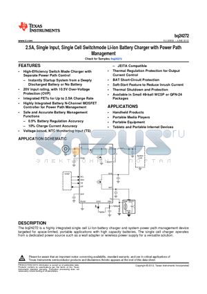 BQ24272 datasheet - 2.5A, Single Input, Single Cell Switchmode Li-Ion Battery Charger with Power Path Management
