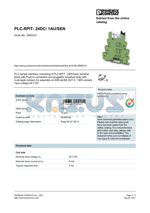 2900313 datasheet - PLC-RPIT- 24DC/ 1AU/SEN