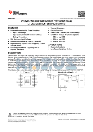 BQ24304DSGRG4 datasheet - OVERVOLTAGE AND OVERCURRENT PROTECTION IC AND Li CHARGER FRONT-END PROTECTION IC