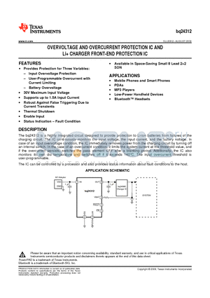 BQ24312DSGR datasheet - OVERVOLTAGE AND OVERCURRENT PROTECTION IC AND Li CHARGER FRONT-END PROTECTION IC