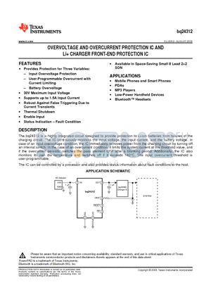 BQ24312DSGT datasheet - OVERVOLTAGE AND OVERCURRENT PROTECTION IC AND Li CHARGER FRONT-END PROTECTION IC