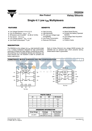 DG2034DN datasheet - Single 4:1 Low rON Multiplexers