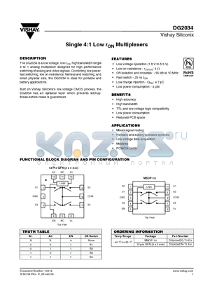 DG2034DQ-T1-E3 datasheet - Single 4:1 Low rON Multiplexers