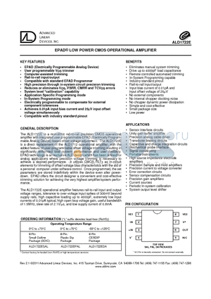 ALD1722ESAL datasheet - EPAD^ LOW POWER CMOS OPERATIONAL AMPLIFIER