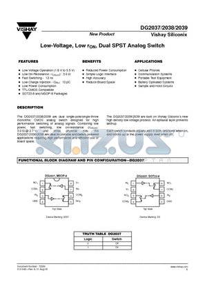 DG2038 datasheet - Low-Voltage, Low rON, Dual SPST Analog Switch