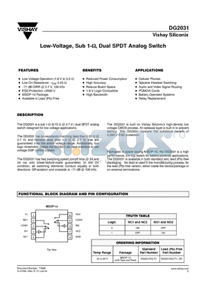 DG2031 datasheet - Low-Voltage, Sub 1, Dual SPDT Analog Switch