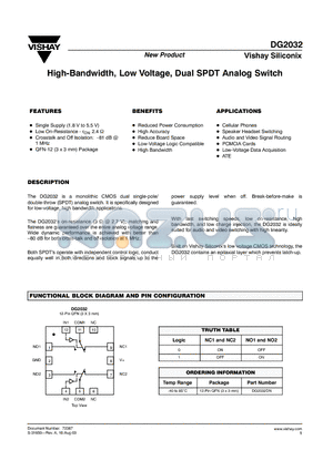 DG2032 datasheet - High-Bandwidth, Low Voltage, Dual SPDT Analog Switch