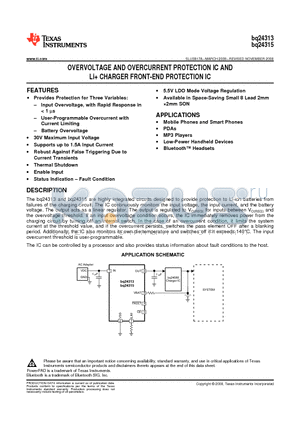 BQ24315DSG datasheet - OVERVOLTAGE AND OVERCURRENT PROTECTION IC AND Li CHARGER FRONT-END PROTECTION IC