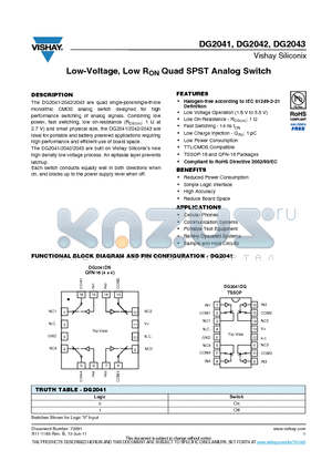 DG2042DQ-T1-E3 datasheet - Low-Voltage, Low RON Quad SPST Analog Switch