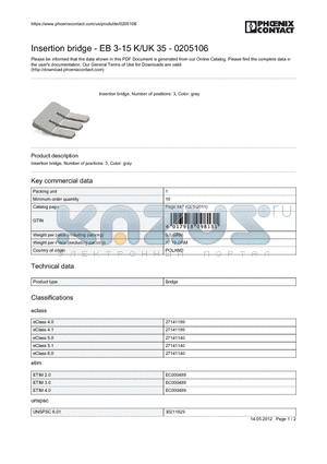 0205106 datasheet - Insertion bridge - EB 3-15 K/UK 35 - 0205106