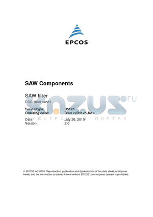 B5125 datasheet - SAW filter DCS 1800 band I