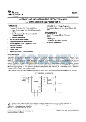 BQ24315DSGR datasheet - OVERVOLTAGE AND OVERCURRENT PROTECTION IC AND Li CHARGER FRONT-END PROTECTION IC