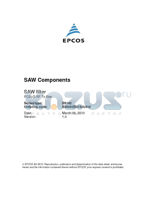 B5142 datasheet - SAW filter PCSG RF Tx filter