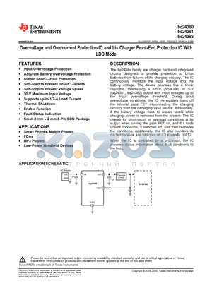 BQ24380DSGTG4 datasheet - Overvoltage and Overcurrent Protection IC and Li Charger Front-End Protection IC With LDO Mode