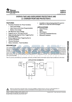 BQ24316 datasheet - OVERVOLTAGE AND OVERCURRENT PROTECTION IC AND Li CHARGER FRONT-END PROTECTION IC