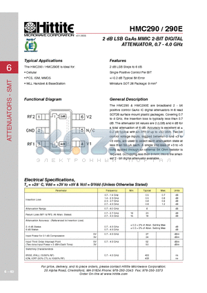 290E datasheet - 2 dB LSB GaAs MMIC 2-BIT DIGITAL ATTENUATOR, 0.7 - 4.0 GHz