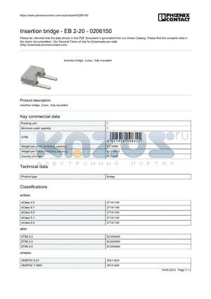 0206150 datasheet - Insertion bridge - EB 2-20 - 0206150