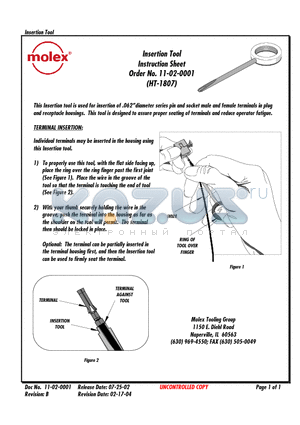 11020001 datasheet - Insertion Tool Instruction Sheet