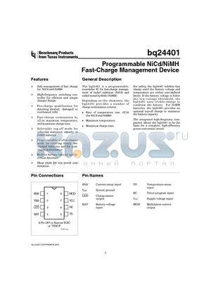 BQ24401P datasheet - Programmable NiCd/NiMH Fast-Charge Management Device