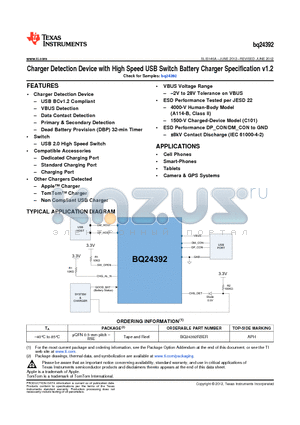 BQ24392 datasheet - Charger Detection Device with High Speed USB Switch Battery Charger Specification v1.2