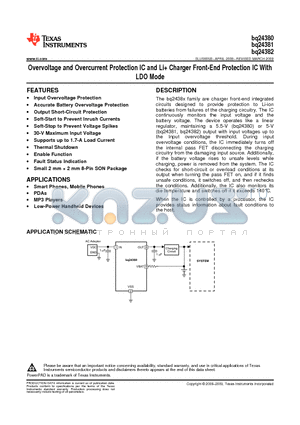 BQ24381DSGTG4 datasheet - Overvoltage and Overcurrent Protection IC and Li Charger Front-End Protection IC With LDO Mode