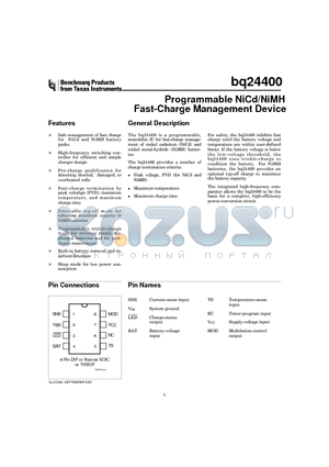 BQ24400 datasheet - Programmable NiCd/NiMH Fast-Charge Management Device