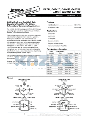 CA741_01 datasheet - 0.9MHz Single and Dual, High Gain Operational Amplifiers for Military, Industrial and Commercial Applications