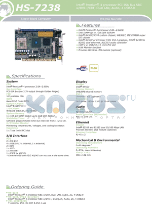291-13010020G datasheet - Intel Pentium 4 processor PCI-ISA Bus SBC w/DVI-I/CRT, Dual LAN, Audio, 4 USB2.0