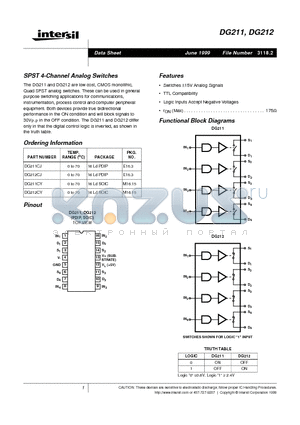 DG212CJ datasheet - SPST 4-Channel Analog Switches