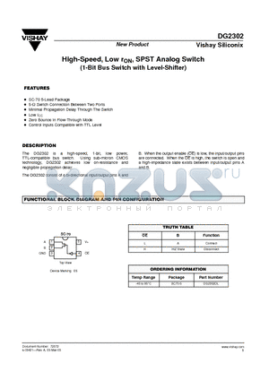 DG2302 datasheet - High-Speed, Low rON, SPST Analog Switch