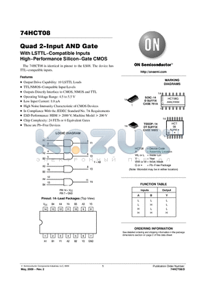 74HCT08DR2G datasheet - Quad 2-Input AND Gate With LSTTL−Compatible Inputs High−Performance Silicon−Gate CMOS