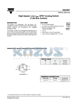 DG2301DL-T1-E3 datasheet - High-Speed, Low rON, SPST Analog Switch (1-Bit Bus Switch)