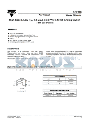 DG2303DL datasheet - High-Speed, Low rON, 1.8-V/2.5-V/3.3-V/5-V, SPST Analog Switch (1-Bit Bus Switch)