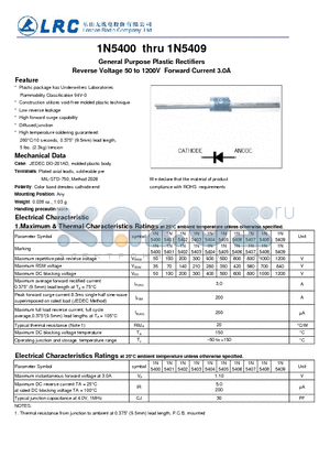 1N5403 datasheet - General Purpose Plastic Rectifiers Reverse Voltage 50 to 1200V Forward Current 3.0A