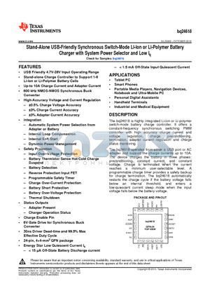 BQ24618 datasheet - Stand-Alone USB-Friendly Synchronous Switch-Mode Li-Ion or Li-Polymer Battery Charger