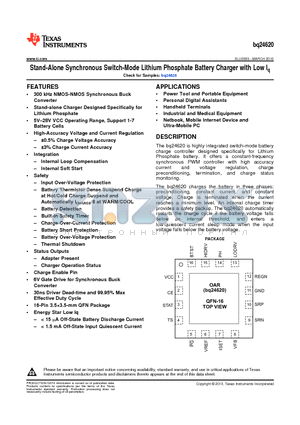 BQ24620 datasheet - Stand-Alone Synchronous Switch-Mode Lithium Phosphate Battery Charger with Low Iq