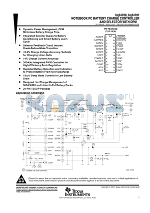 BQ24700 datasheet - NOTEBOOK PC BATTERY CHARGE CONTROLLER AND SELECTOR WITH DPM