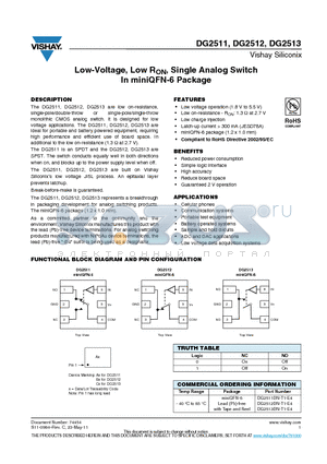 DG2511 datasheet - Low-Voltage, Low RON, Single Analog Switch In miniQFN-6 Package