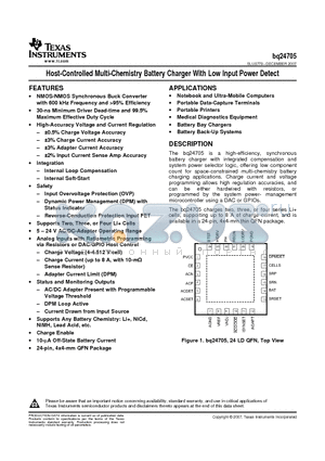 BQ24705RGER datasheet - Host-Controlled Multi-Chemistry Battery Charger With Low Input Power Detect