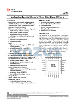 BQ24704 datasheet - Low Cost, Host-Controlled Li-Ion and Li-Polymer Battery Charger With Low Iq