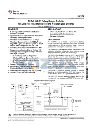 BQ24715RGRR datasheet - 2-3 Cell NVDC-1 Battery Charger Controller with Ultra-Fast Transient Response and High Light-Load Efficiency