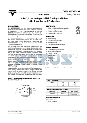 DG2520 datasheet - Sub-Y, Low Voltage, SPDT Analog Switches with Over Current Protection