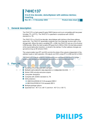 74HCT137 datasheet - 3-to-8 line decoder/demultiplexer with address latches; inverting