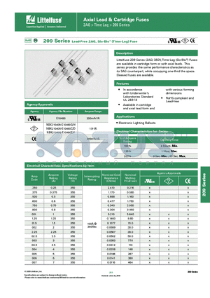 0209.600DRT1P datasheet - 209 Series Lead-Free 2AG, Slo-Blo^ (Time-Lag) Fuse